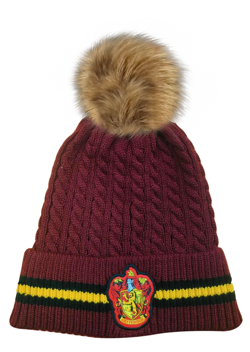 Licensed Unisex Harry Potter Gryffindor Cable Knit ski hat Beanie with Detachable Pom Pom, Suitable for Adults and Teens. Maroon
