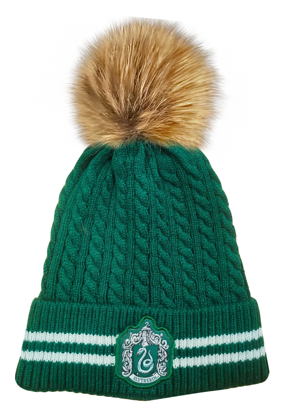 Licensed Unisex Harry Potter Slytherin Cable Knit ski hat Beanie with Detachable Pom Pom, Suitable for Adults and Teens. Green