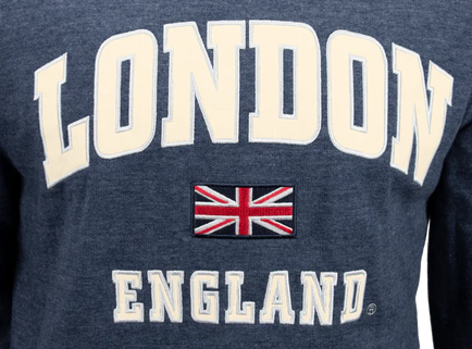 LE129D/O Unisex London England Applique Embroidery Hoodie Denim blue