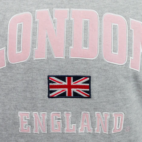 LE129GP Unisex London England Applique Embroidery Hoodie Heather Grey/Pink
