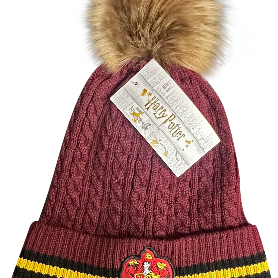 Licensed Unisex Harry Potter Gryffindor Cable Knit ski hat Beanie with Detachable Pom Pom, Suitable for Adults and Teens. Maroon
