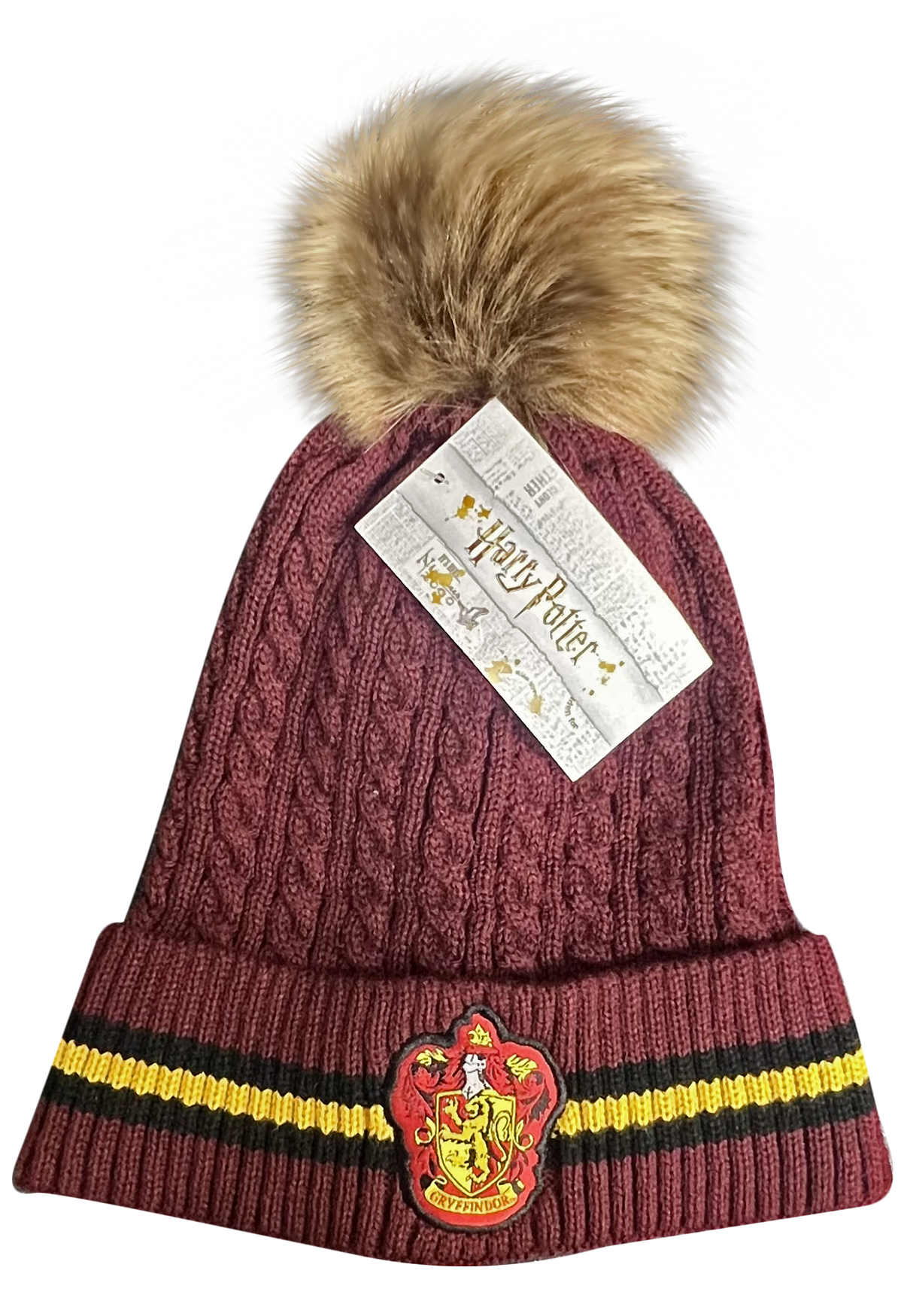 Licensed Unisex Harry Potter Gryffindor Cable Knit ski hat Beanie with Detachable Pom Pom, Suitable for Adults and Teens. Maroon