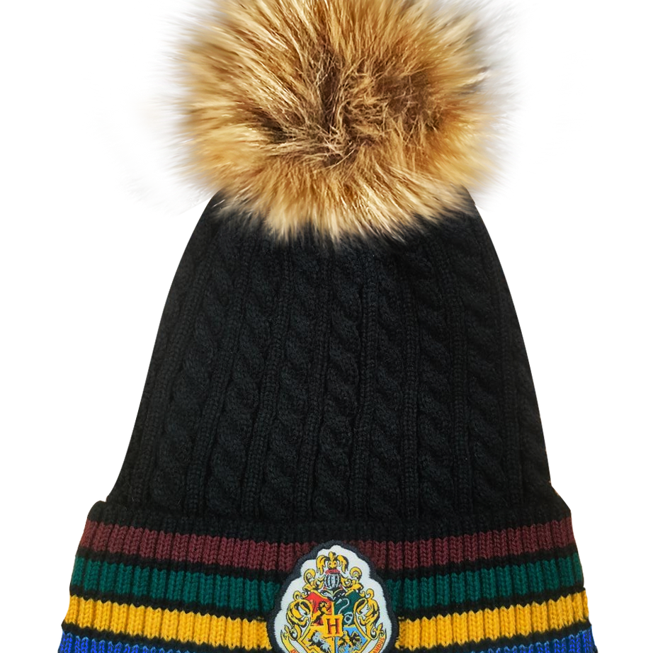 Licensed Unisex Harry Potter Hogwarts Cable Knit ski hat Beanie with Detachable Pom Pom, Suitable for Adults and Teens. Black