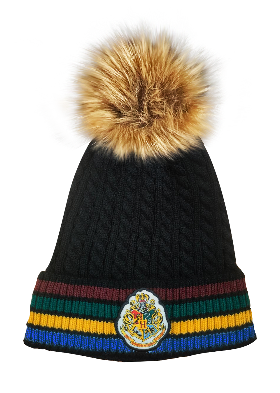 Licensed Unisex Harry Potter Hogwarts Cable Knit ski hat Beanie with Detachable Pom Pom, Suitable for Adults and Teens. Black