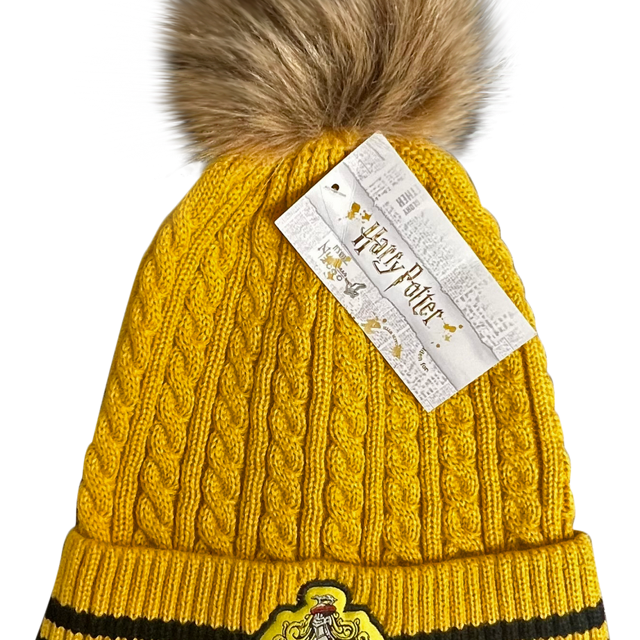 Licensed Unisex Harry Potter Hufflepuff Cable Knit ski hat Beanie with Detachable Pom Pom Suitable Adults and Teens Yellow