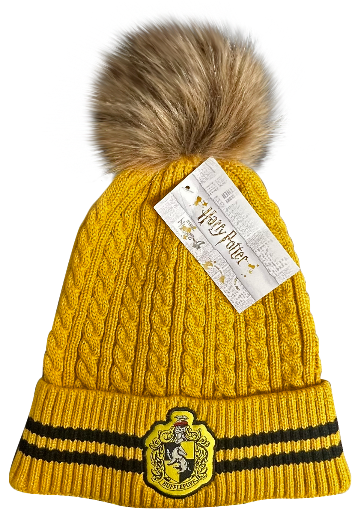 Licensed Unisex Harry Potter Hufflepuff Cable Knit ski hat Beanie with Detachable Pom Pom Suitable Adults and Teens Yellow