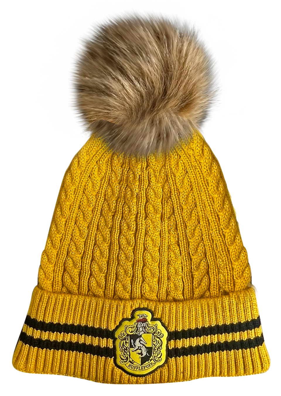 Licensed Unisex Harry Potter Hufflepuff Cable Knit ski hat Beanie with Detachable Pom Pom Suitable Adults and Teens Yellow