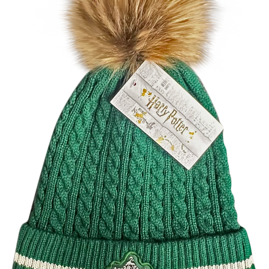 Licensed Unisex Harry Potter Slytherin Cable Knit ski hat Beanie with Detachable Pom Pom, Suitable for Adults and Teens. Green