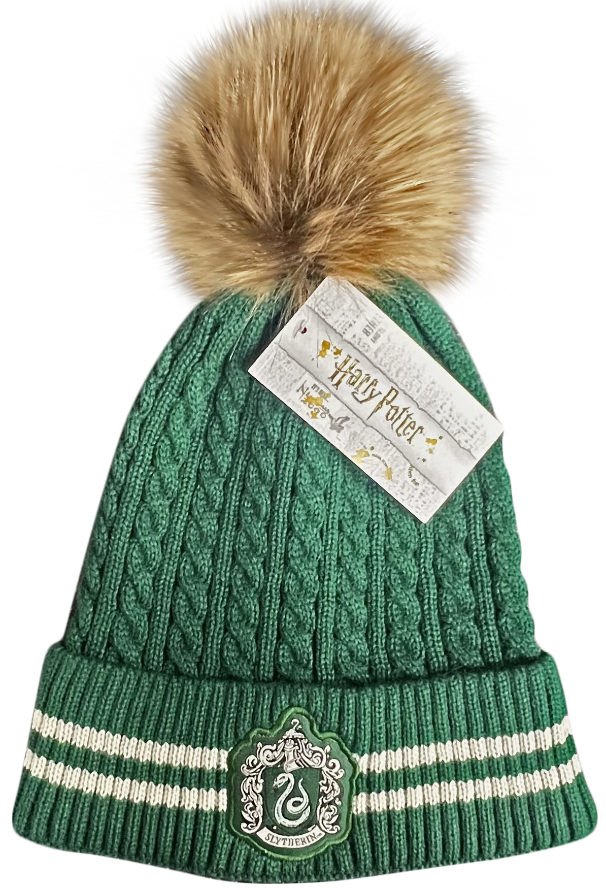 Licensed Unisex Harry Potter Slytherin Cable Knit ski hat Beanie with Detachable Pom Pom, Suitable for Adults and Teens. Green