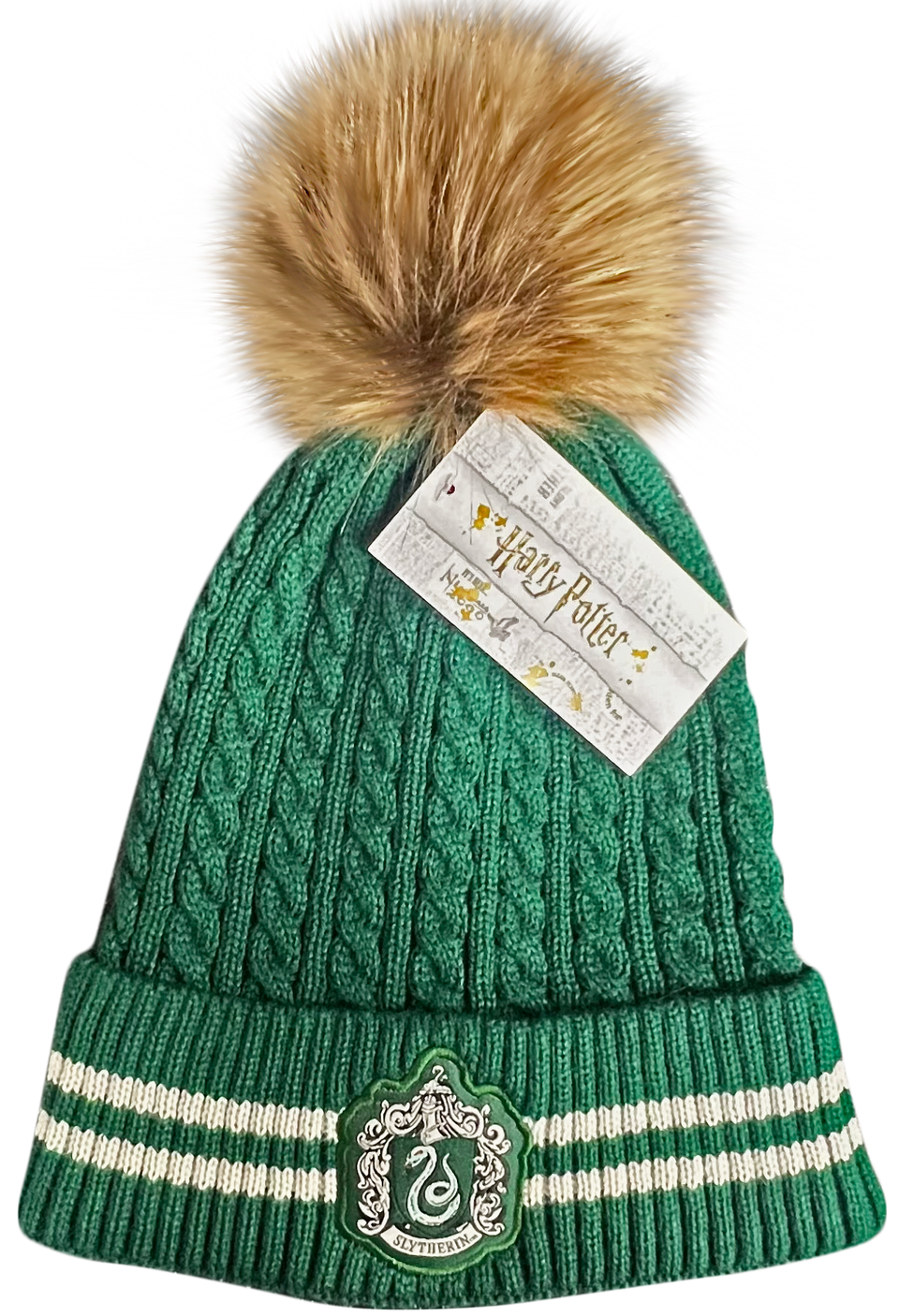 Licensed Unisex Harry Potter Slytherin Cable Knit ski hat Beanie with Detachable Pom Pom, Suitable for Adults and Teens. Green