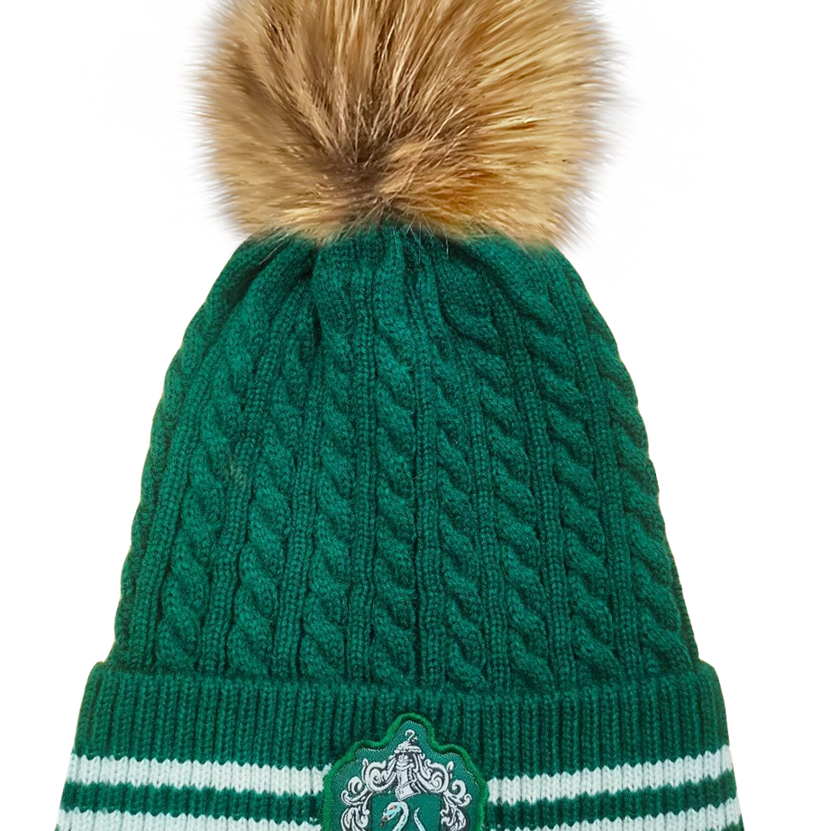 Licensed Unisex Harry Potter Slytherin Cable Knit ski hat Beanie with Detachable Pom Pom, Suitable for Adults and Teens. Green