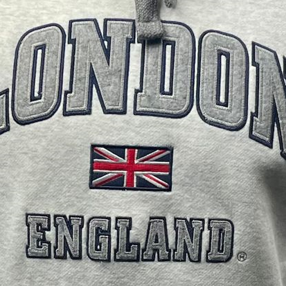 LE129ASH G Unisex London England Applique Embroidery Hoodie Ash Grey XS TO 4XL