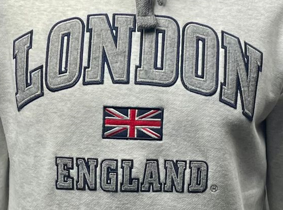 LE129ASH G Unisex London England Applique Embroidery Hoodie Ash Grey XS TO 4XL