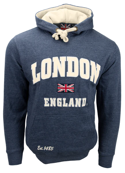 LE129D/O Unisex London England Applique Embroidery Hoodie Denim blue