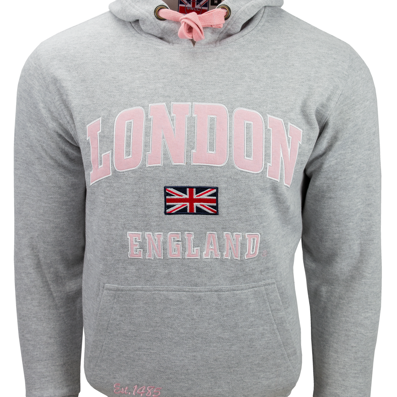 LE129GP Unisex London England Applique Embroidery Hoodie Heather Grey/Pink