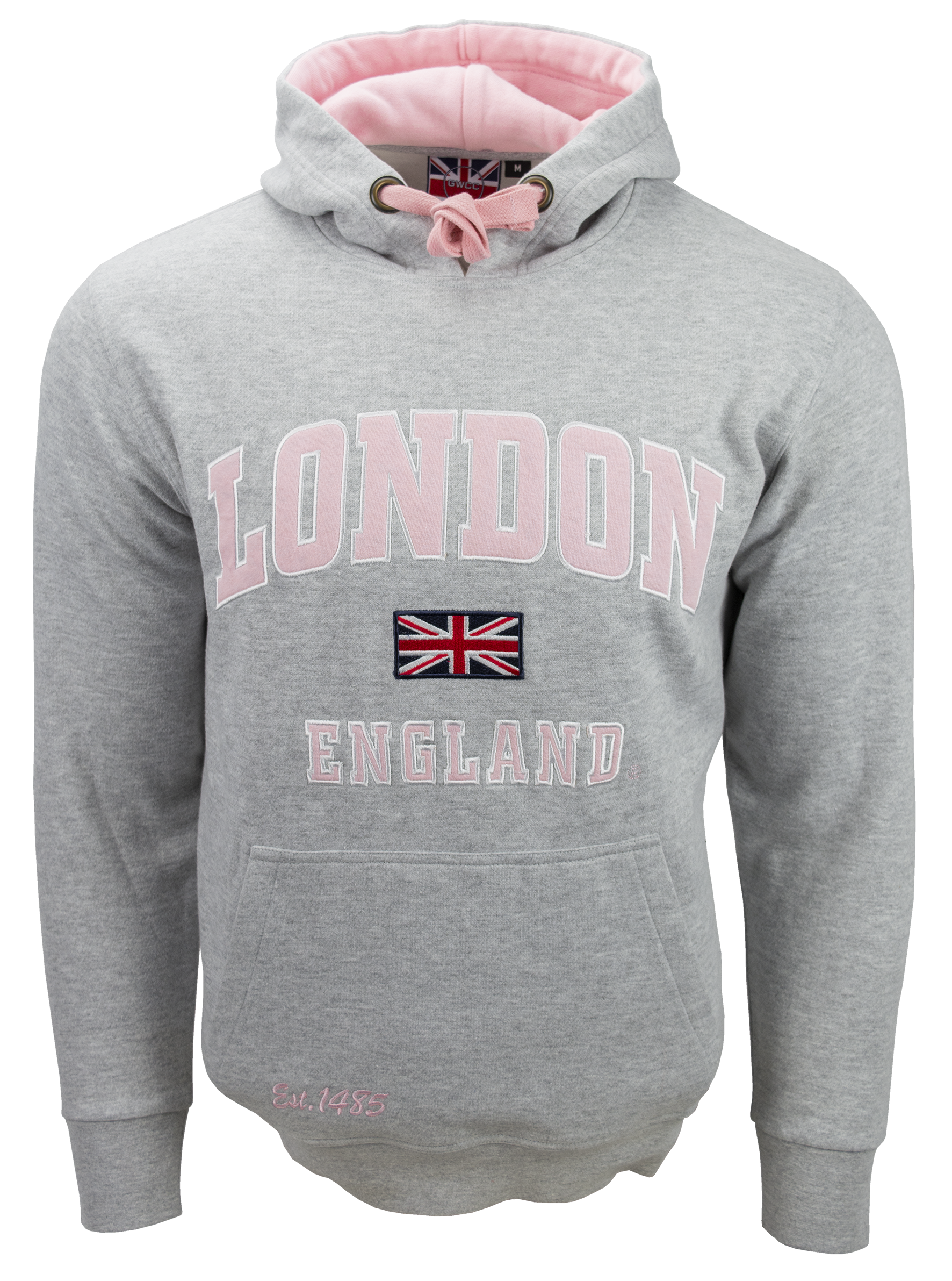LE129GP Unisex London England Applique Embroidery Hoodie Heather Grey/Pink