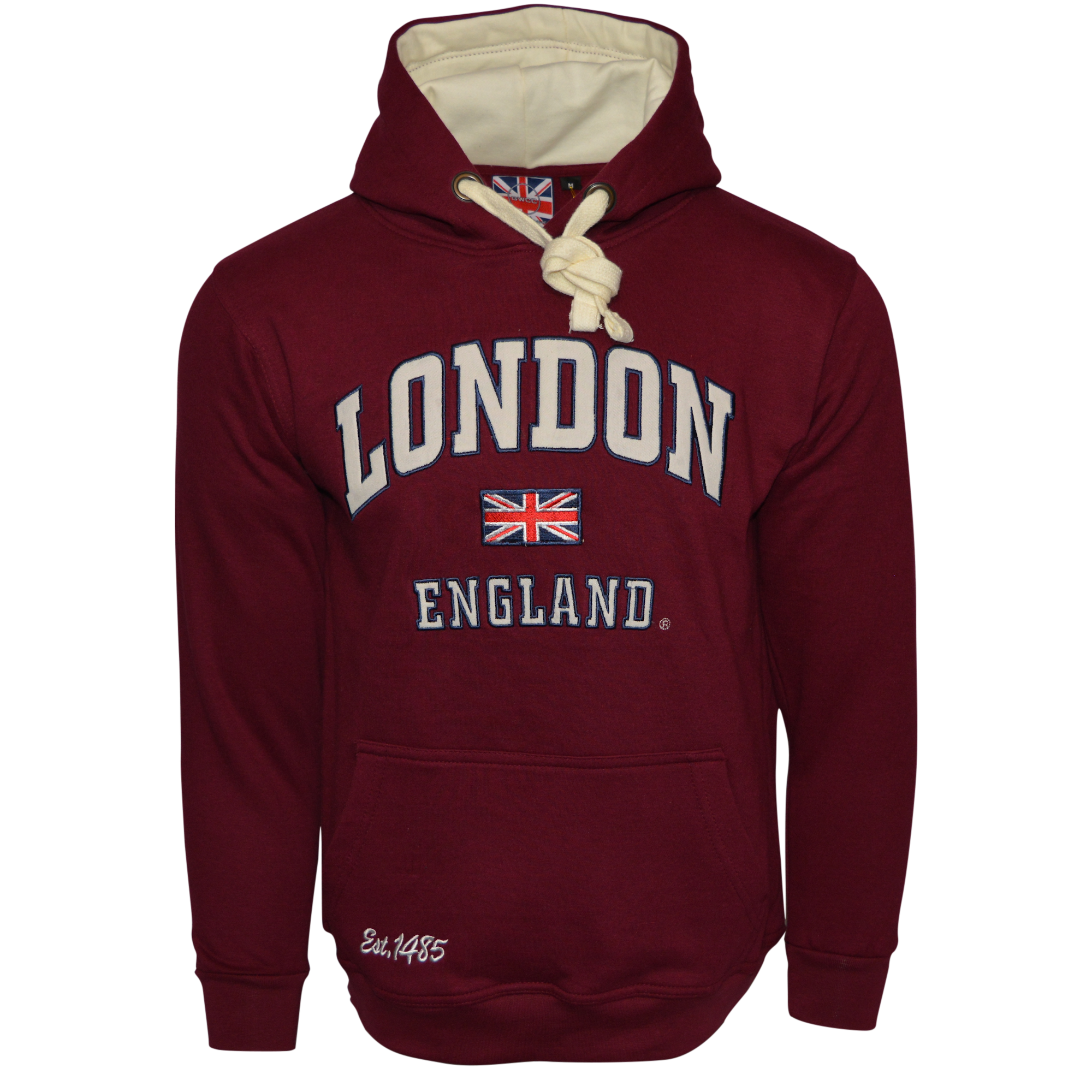 LE129MO Unisex London England Applique Embroidery Hoodie Maroon - Off white SX TO 4XL