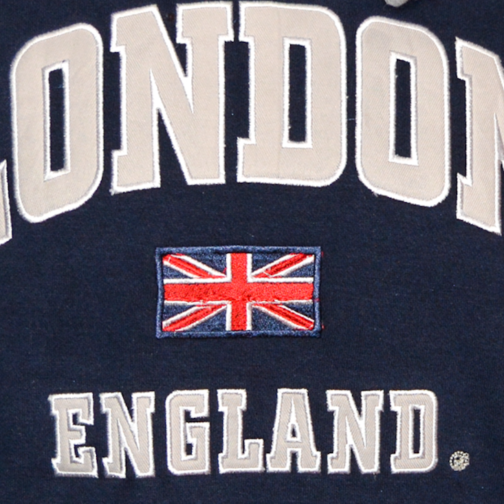 LE129NG Unisex London England Applique Embroidery Hoodie Navy - Grey XS TO 4XL
