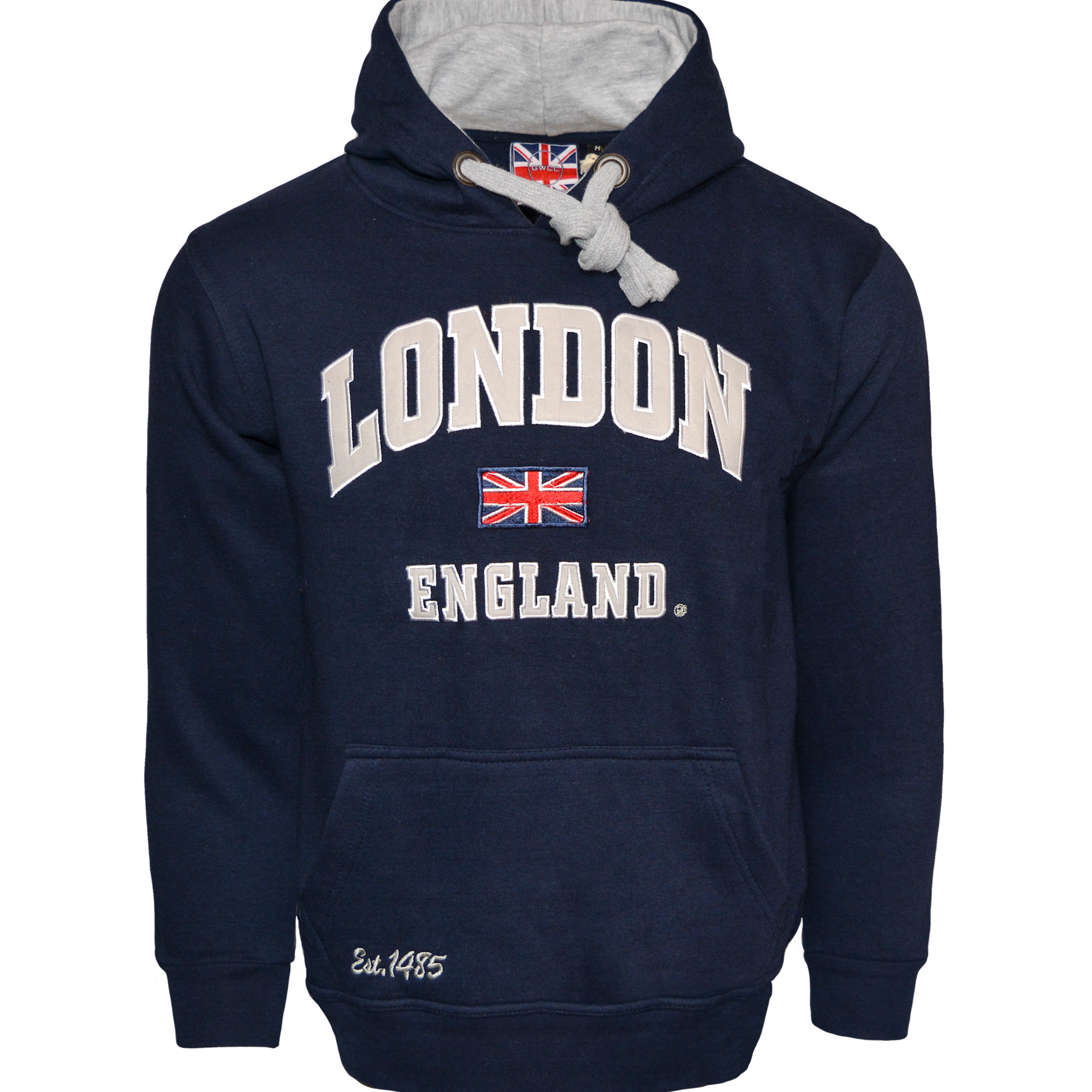 LE129NG Unisex London England Applique Embroidery Hoodie Navy - Grey XS TO 4XL