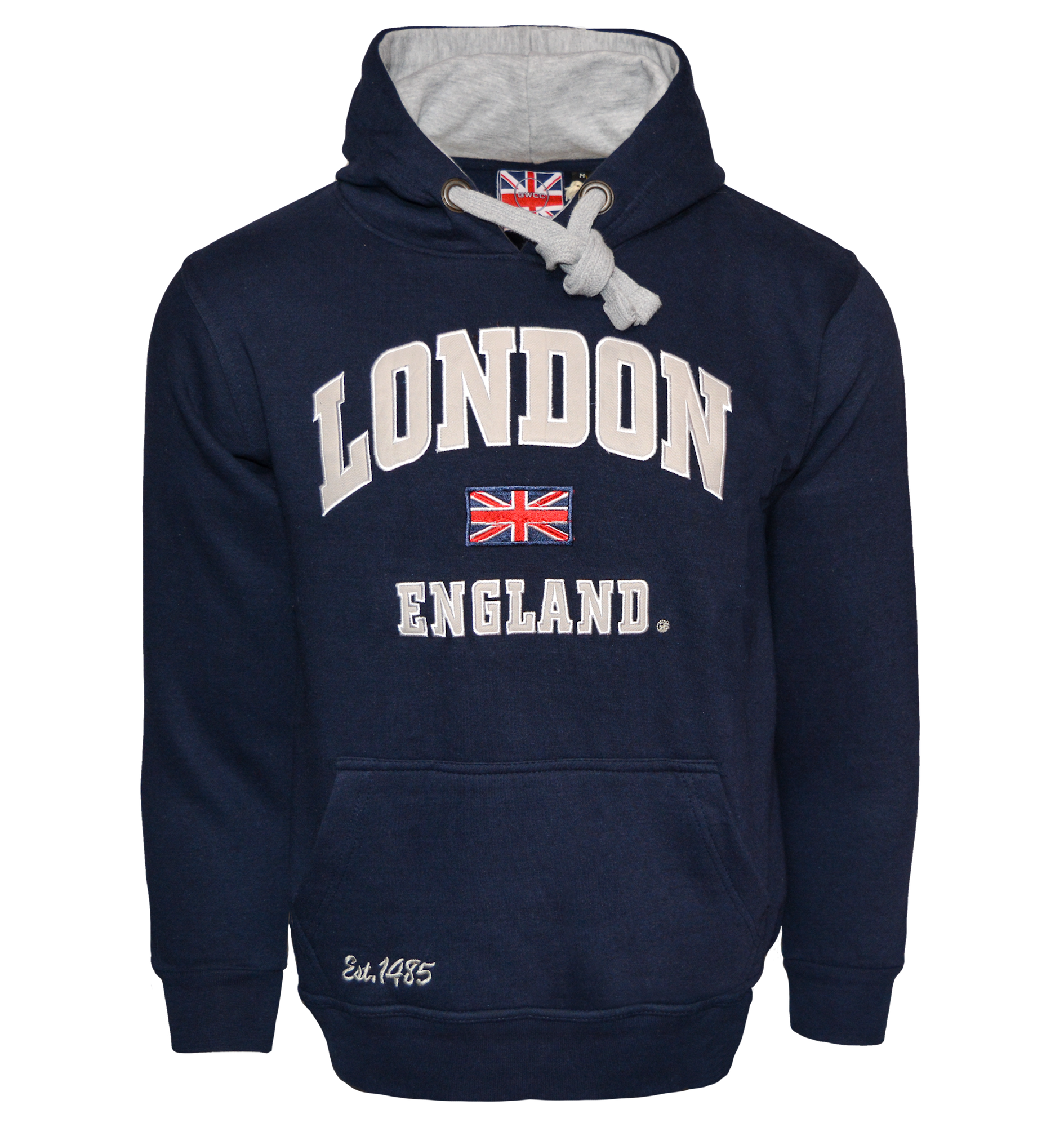 LE129NG Unisex London England Applique Embroidery Hoodie Navy - Grey XS TO 4XL