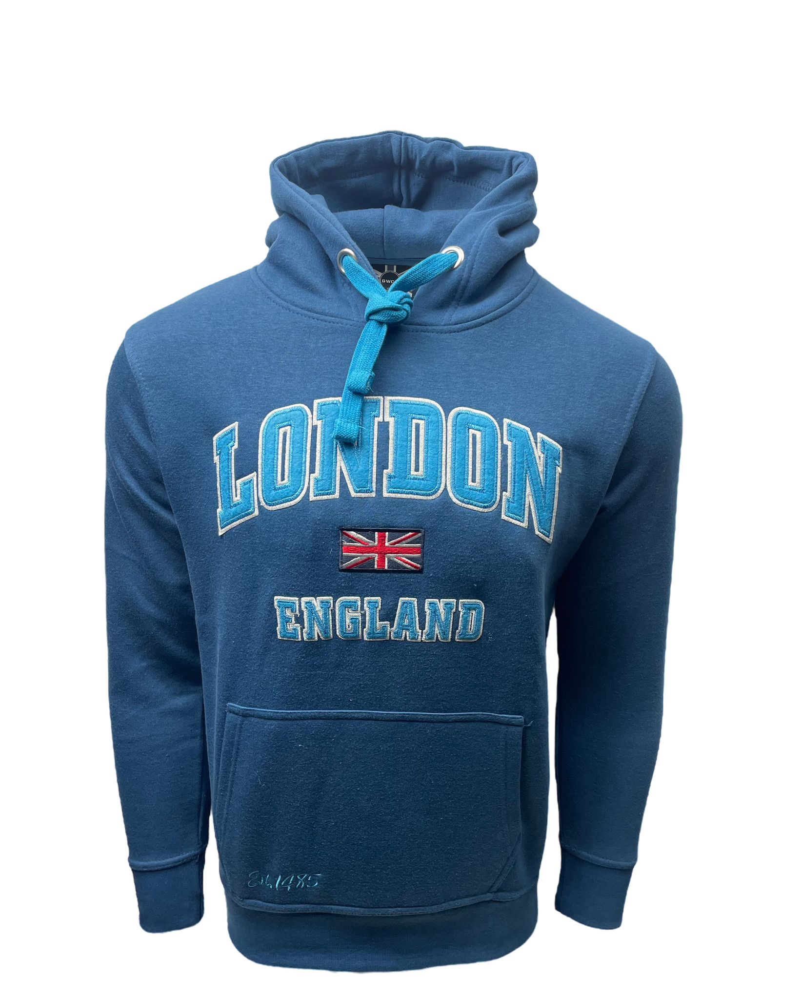 LE129PB Unisex London England Applique Embroidery Hoodie Petrol Blue XS TO 4XL