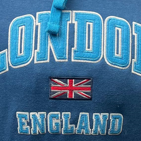 LE129PB Unisex London England Applique Embroidery Hoodie Petrol Blue XS TO 4XL