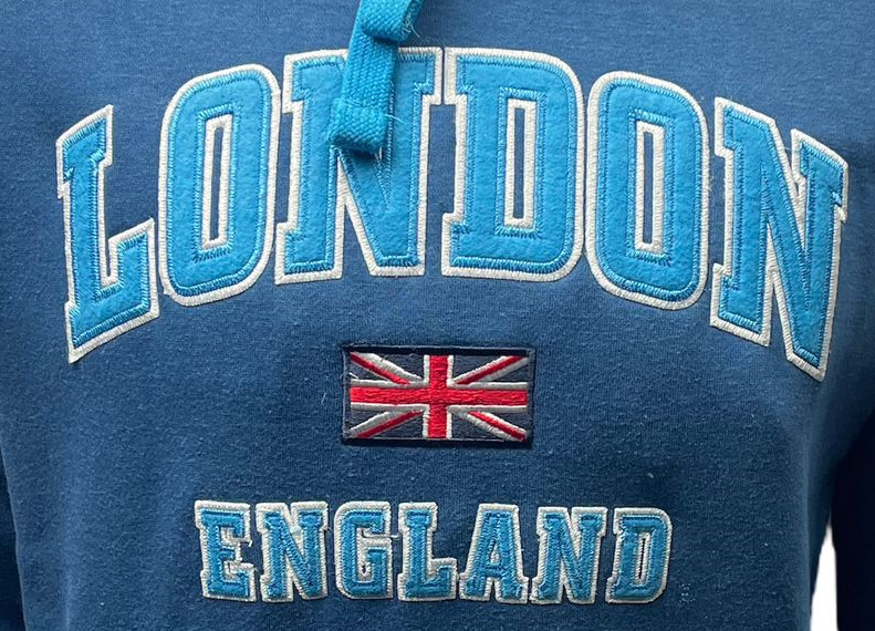 LE129PB Unisex London England Applique Embroidery Hoodie Petrol Blue XS TO 4XL