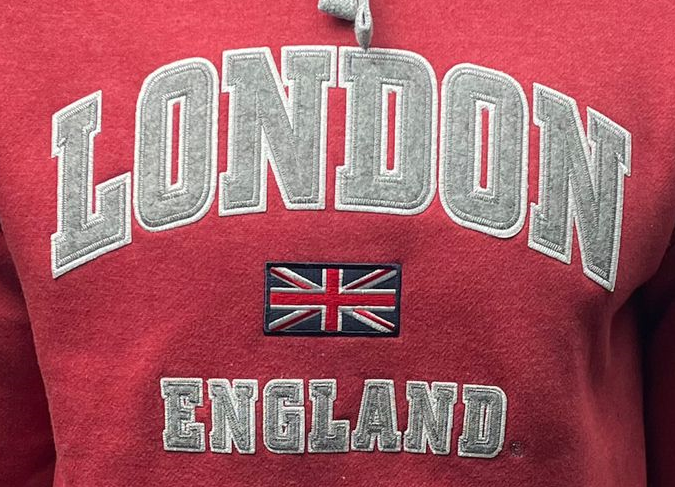 LE129RR Unisex London England Applique Embroidery Hoodie Ruby Red XS TO 4XL